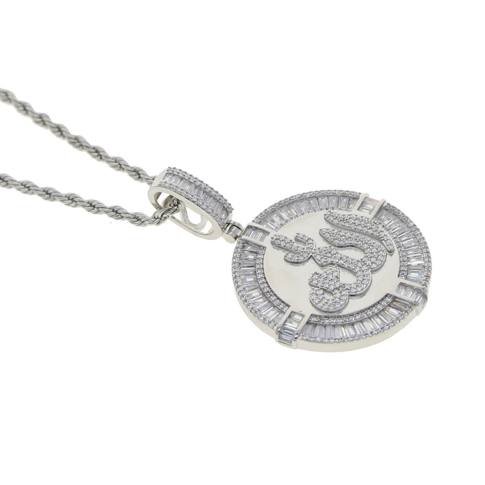 Iced Out Silver Color Round Muslims Necklace Pave Zircon Rectangle CZ Pendant Women Men Hip Hop Jewelry 250109