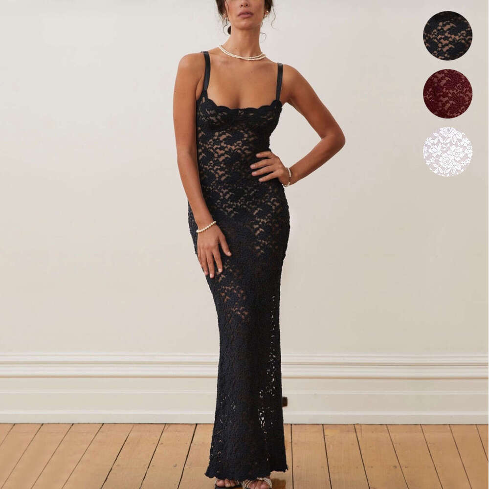 European and American Summer Women's One Piece Collar Sexy Perspective Lace Slimming Dress 2025 New Casual Versatile Fashion Clothing