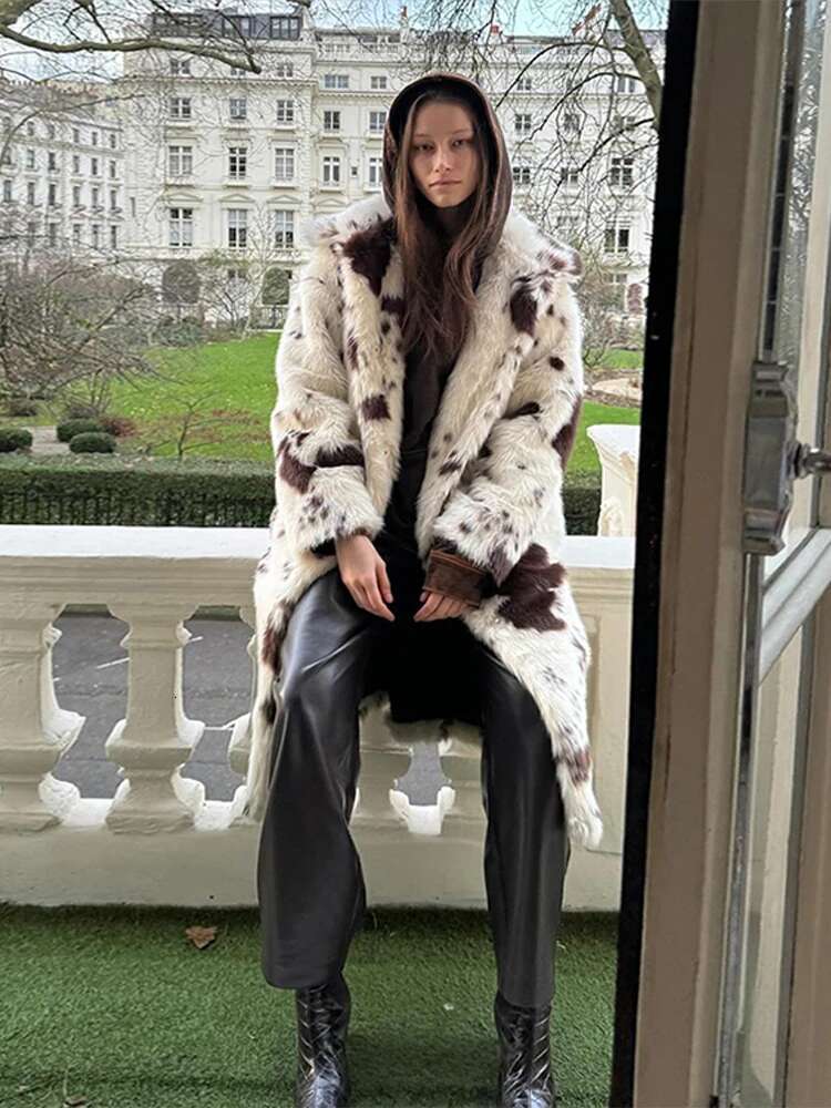 Vintage Thick Faux Fur Cow Pattern Coats Women Casual Loose Lapel Single-Breasted Long Coat Lady Winter Elegant Street Outwear