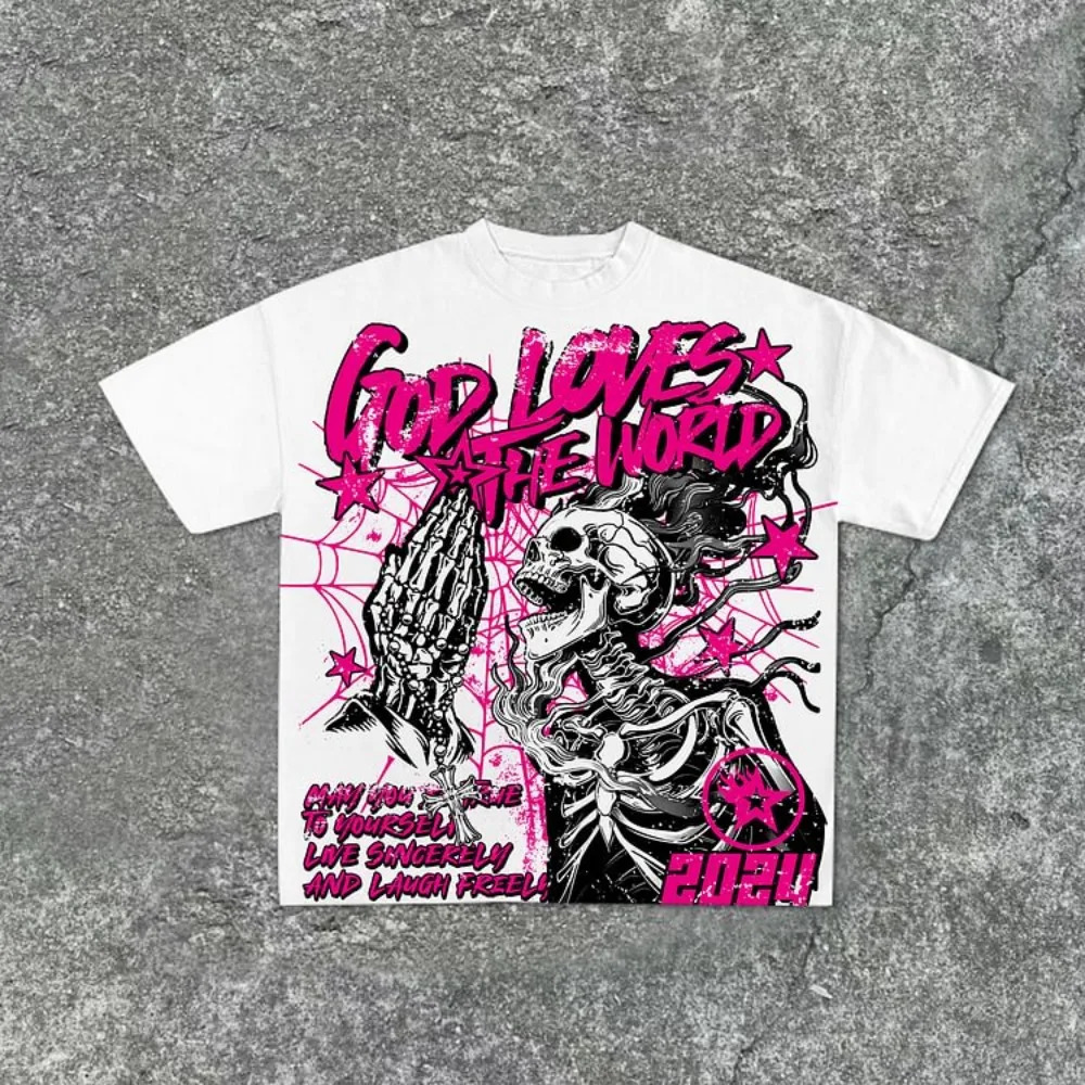 Casual Short Sleeve God Loves The World Graphics 100% Cotton T-Shirt Men Y2K Short Sleeves Oversize Tshirt Streetwear Women Tops 250117