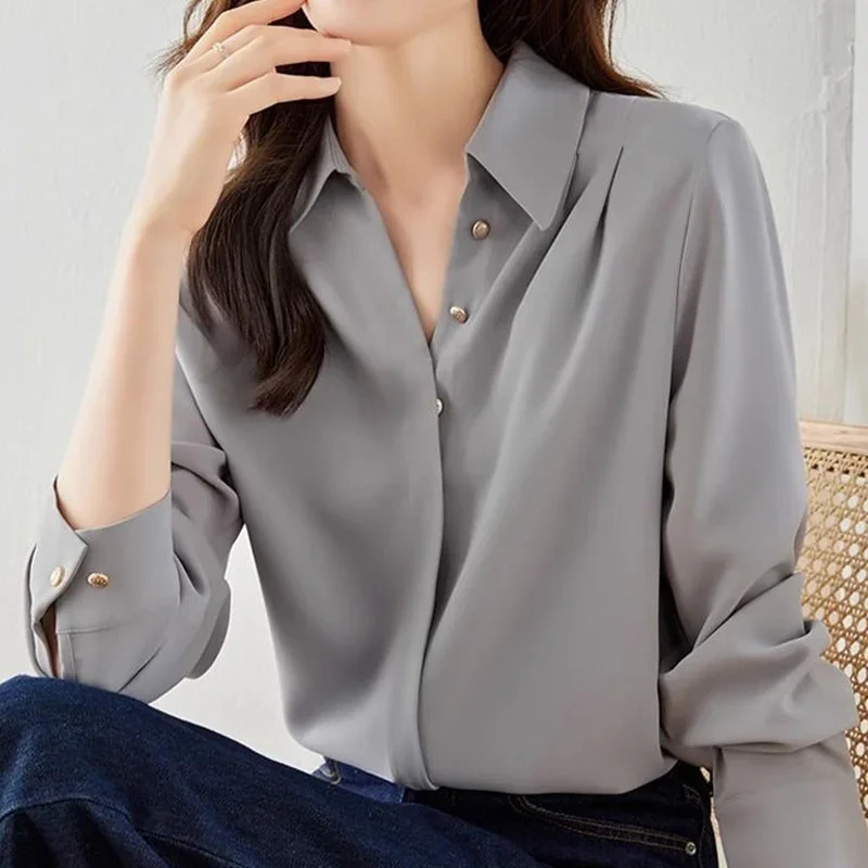 Autumn Original Fashion Casual Loose Gray Long Sleeved Shirt Loose Retro Comfortable Solid Color Womens Top 250107