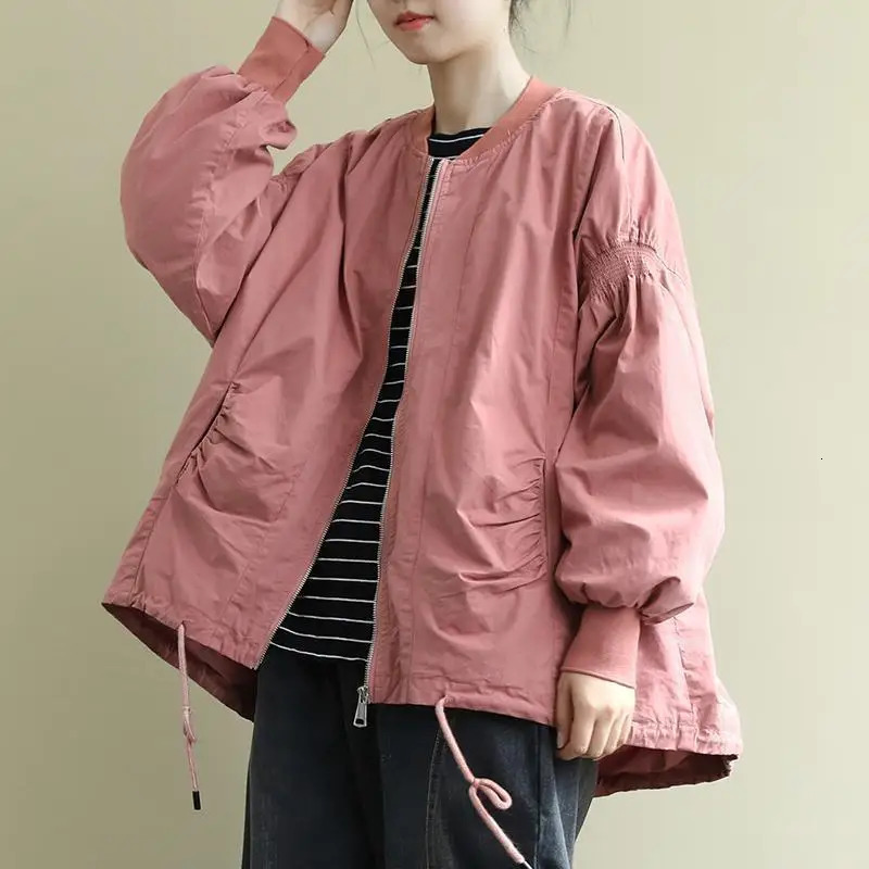 Loose Literary Long Sleeve Windbreaker Womens Medium Long Spring And Autumn Coat Solid Color Versatile 250113