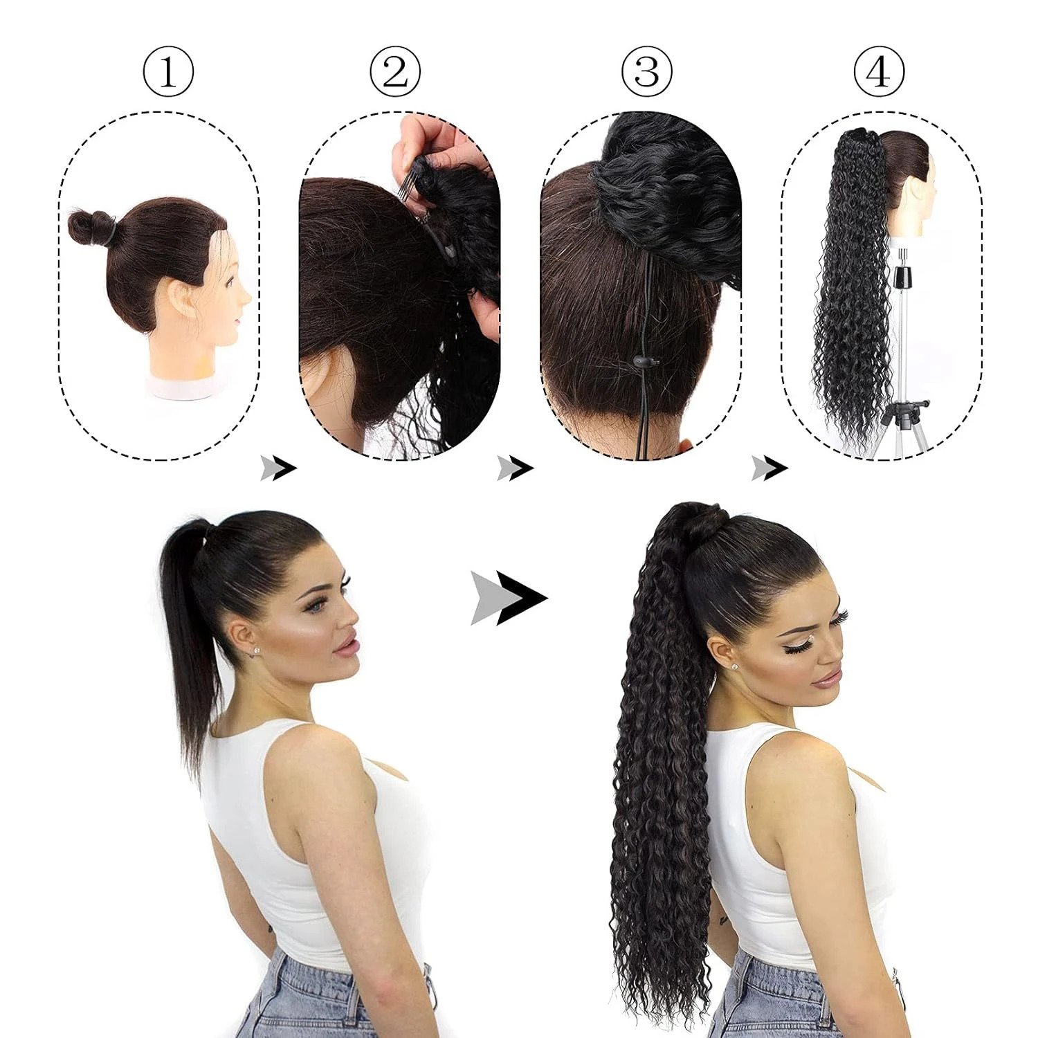 Deep Wave Drawstring Ponytail Human Hair Ponytails #1B Natural Black Curly Clip In Hair Extensions For Daily Cosplay 1 Pieces 250108