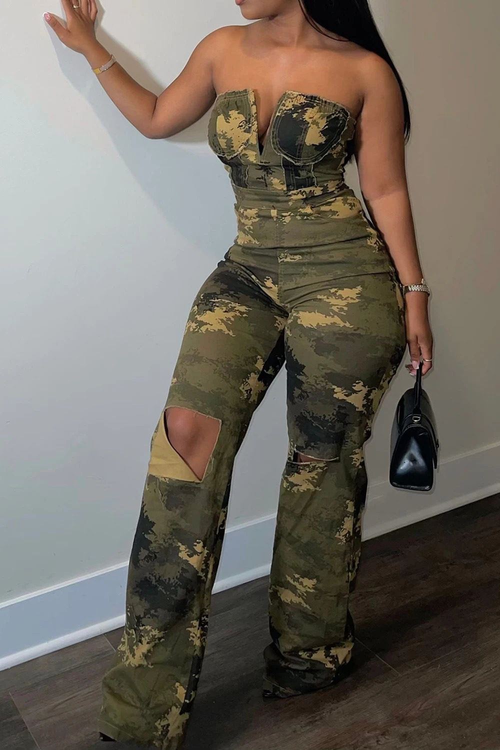 Women Plus Size Camouflage Jumpsuit Casual Army Green Denim Camo Strapless Sleeveless High Waist Ripped Jumpsuit Rompers 250117