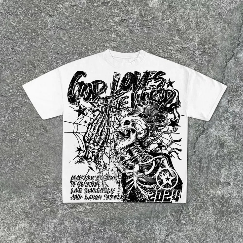 Casual Short Sleeve God Loves The World Graphics 100% Cotton T-Shirt Men Y2K Short Sleeves Oversize Tshirt Streetwear Women Tops 250117