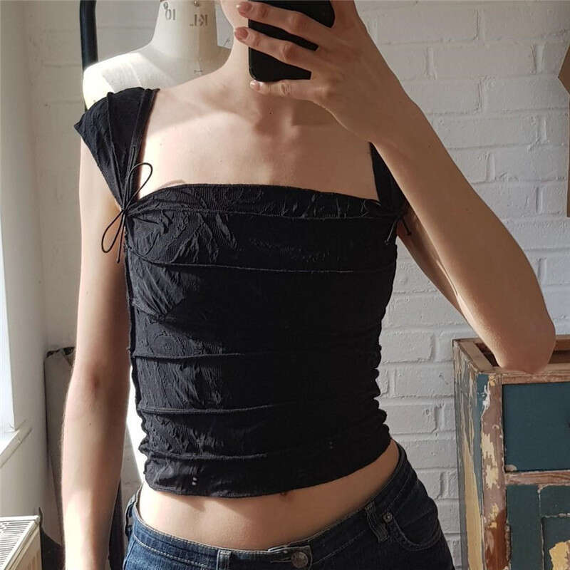 2025 summer fashionable sexy exposed navel square collar striped pleated slim fit short sleeveless vest new style chic and elegant clothing