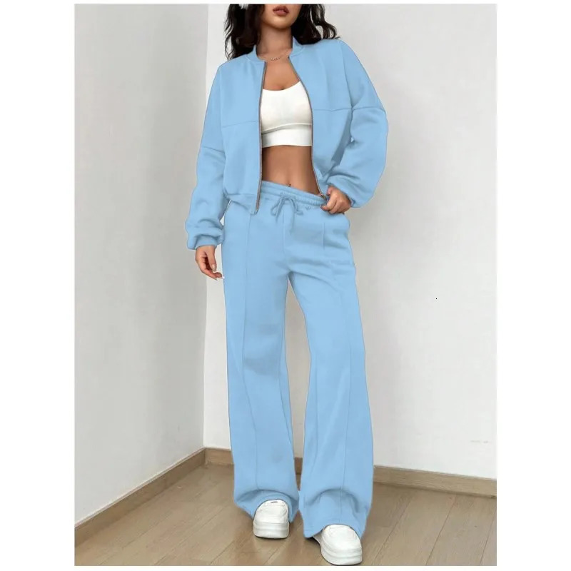 Grey Bomber Jacket Pant Women 2 Pieces Set Casual Long Sleeve Zipper Coat Casual Solid Sweatshirt Trousers Suit Fall Sportwear 250113