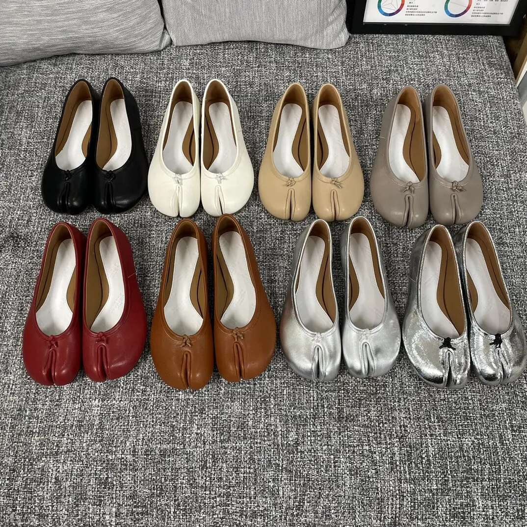 Casual Simple Suede Brown Outdoor Travel Non Lightweight Flat High Heel Slip Striped Bead Tabi Genuine Leather Shoes Women's Casual Footwear