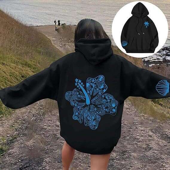 Awaii Hibiscus Hoodie with off shoulder sleeves and threaded print hoodie