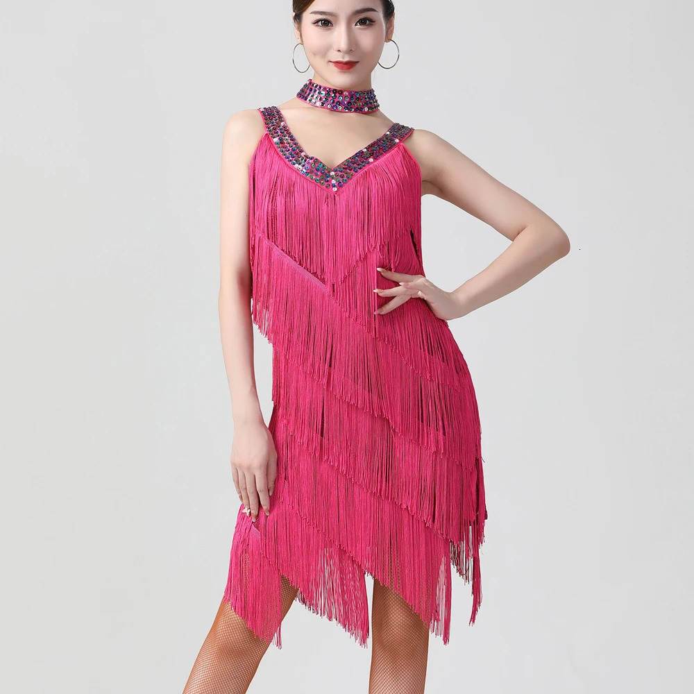 Sexy Women Double V Neck Sleeveless Fringe Dress Sequined Beaded Bodycon Mini Dress Salsa Rumba Samba Jazz Latin Dance Dress 250113