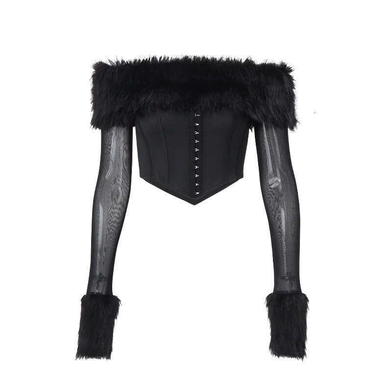 European American women's winter sexy fur one neck off shoulder mesh long sleeved irregular top 2025 new style chic and elegant clothing