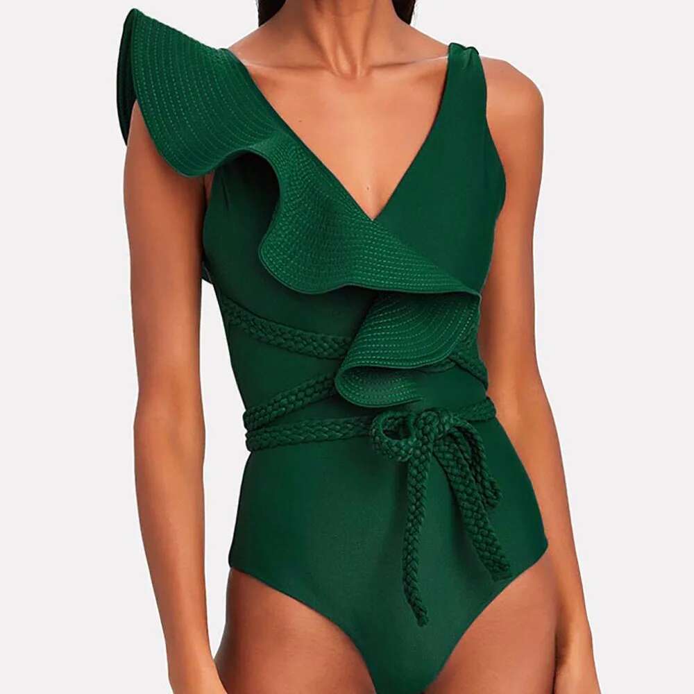 2025 New Sexy Ruffle Solid Black Piece Strappy One Shoulder Swimwear Women Swimsuit Bathing Suit Backless Beach Wear Monkini