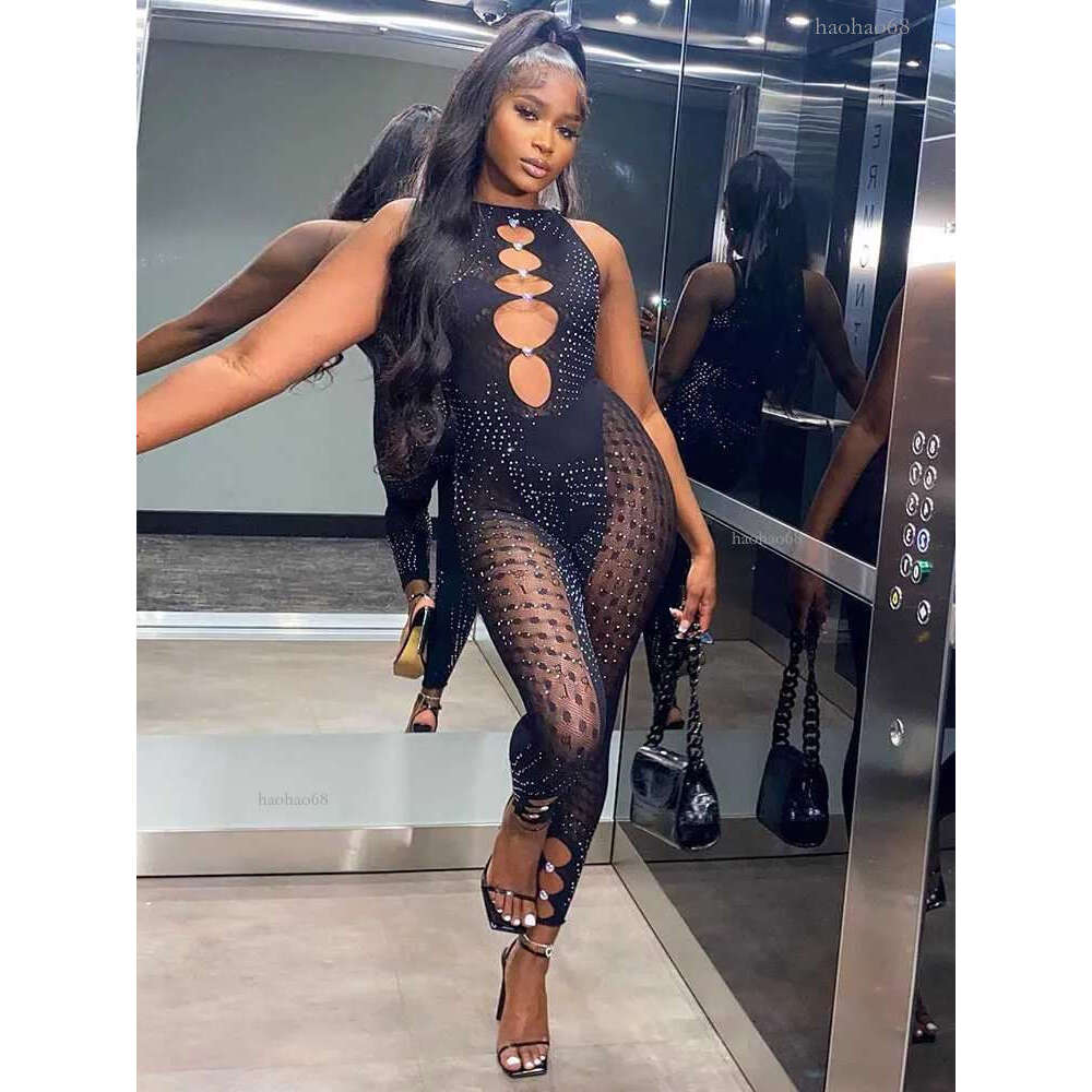 Womens Jumpsuits Rompers Sexy Sleeveless Seethrough Mesh Patchwork Jumpsuit Women 2023 Spring Summer Rhinestones Zipup Party Night Club Bodysuit Blac J230424