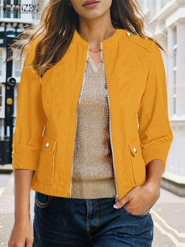 ZANZEA Stand Collar Workwear Outerwear Women Casual 2025 Spring Long Sleeve Short Trendy Solid Color Zip-Up Jackets
