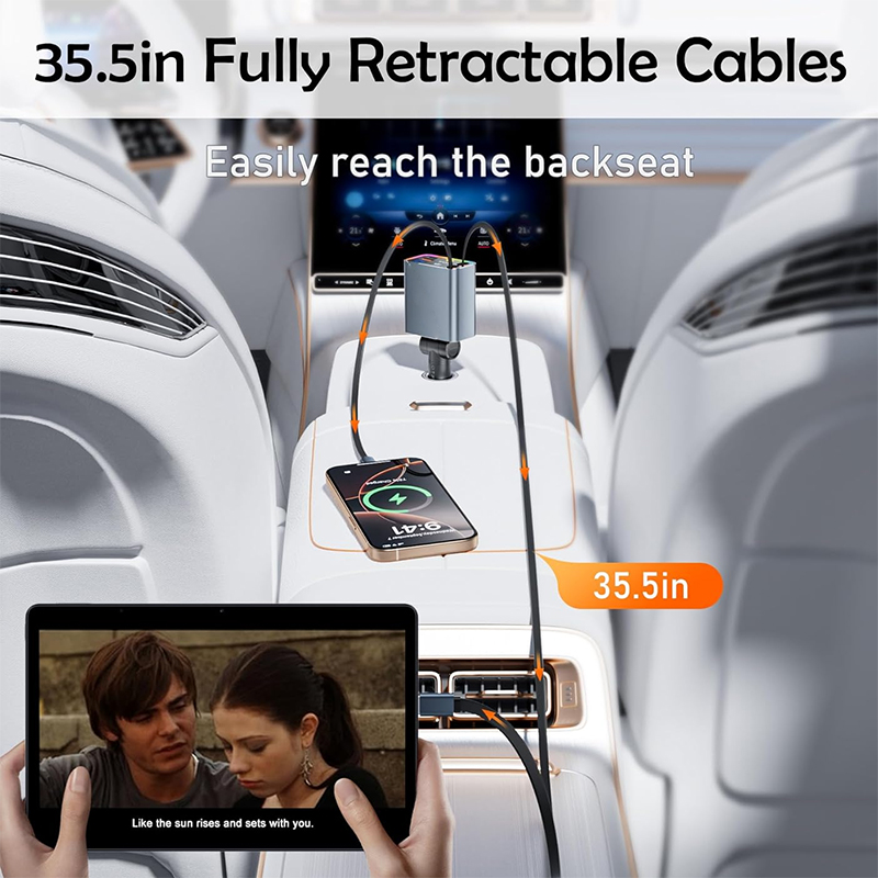 4-Port Retractable Car Charger - 144W Dual Type-C & USB A, Compatible with iPhone 16 Pro/16/15 Pro, Samsung Galaxy, Android Devices