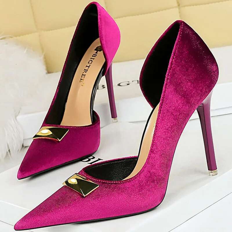 Women 10.5Cm High Wedding Replica Pumps Lady Designer Velevt Elegant Heels Stiletto Purple Pink Evening Shoes