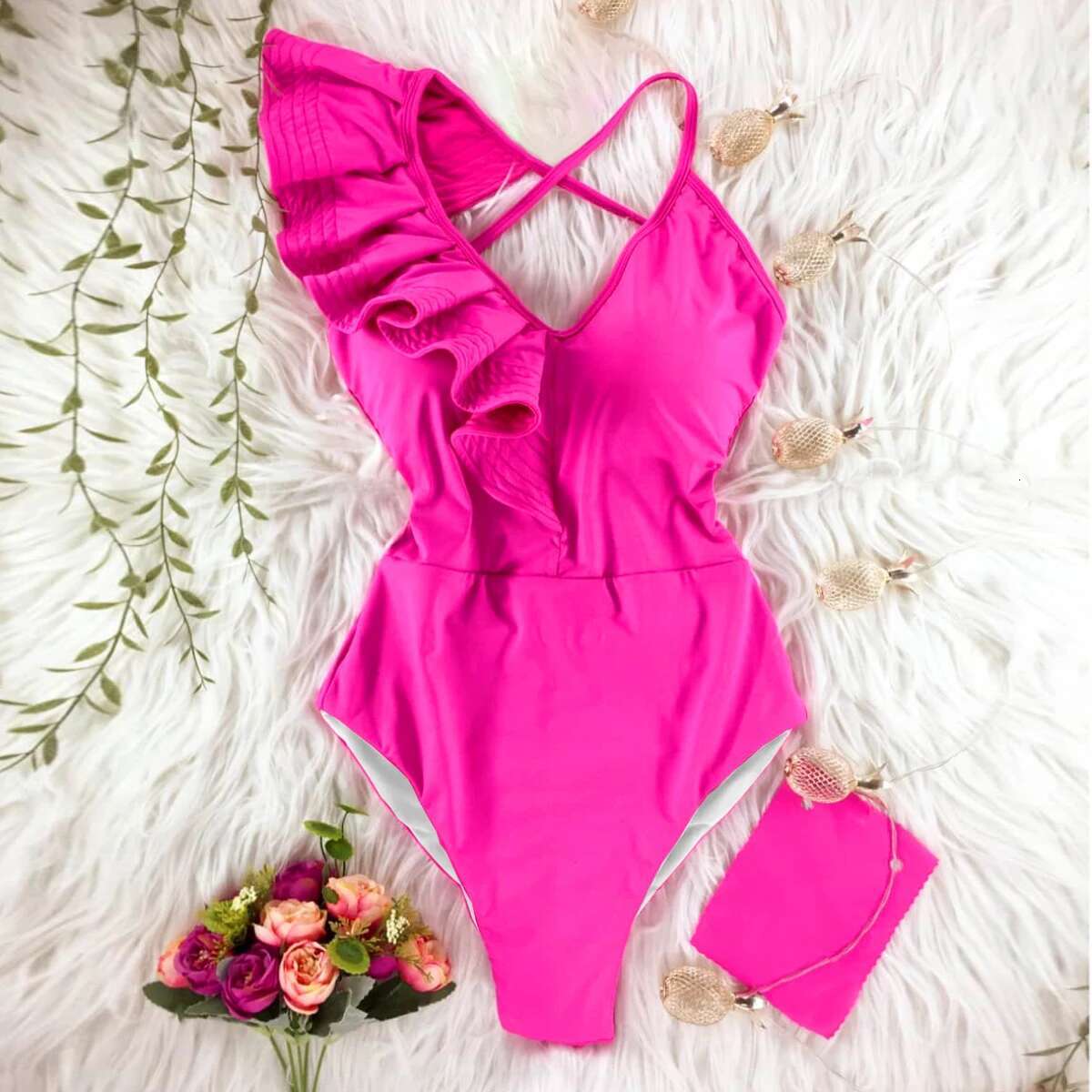 2025 New Ruffle One Piece Swimsuit Solid Red Black Swimwear Women Deep-V Bathing Bodysuit Beach Wear Swim Suit Monokini