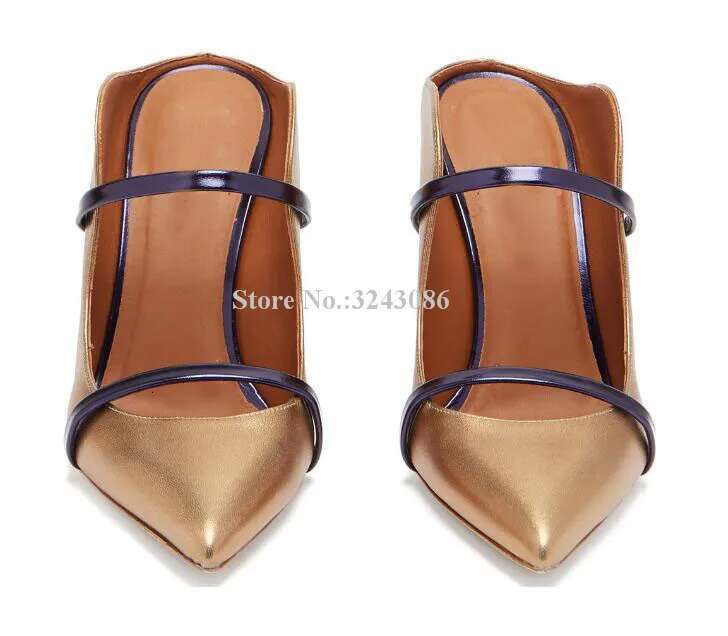 Lady New Gold Strap Stiletto Heel Fashion Pointed Toe Mixed Color Design High Heels Dress Sandals Shoes Women