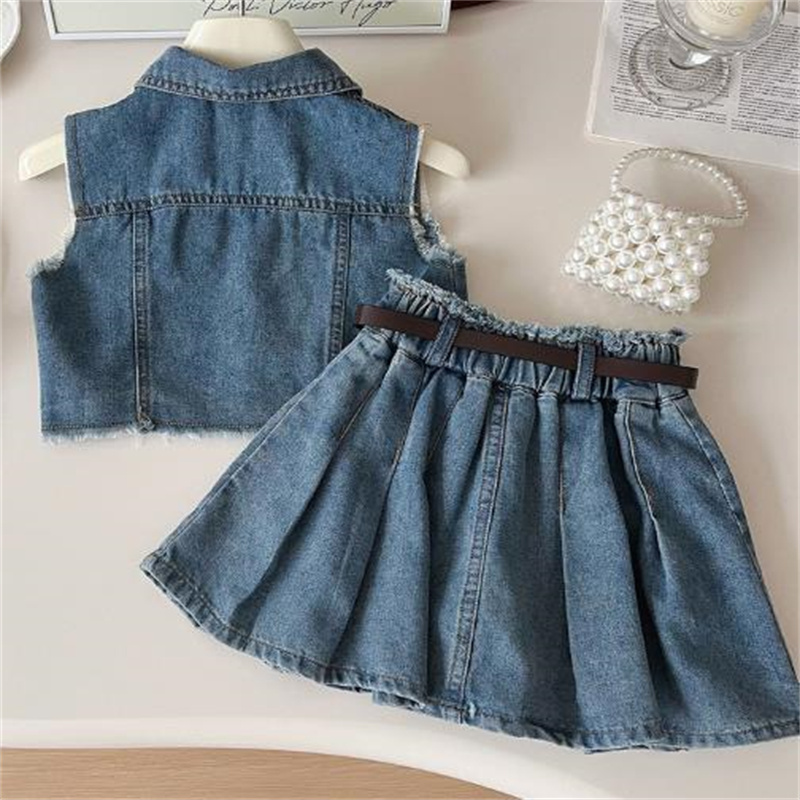 2 Piece Skirt Set Girls Denim Vest and Skirt Set Sleeveless Top and Skirt Outfit for Kids - Lightweight for Daily Use y250607S5AM