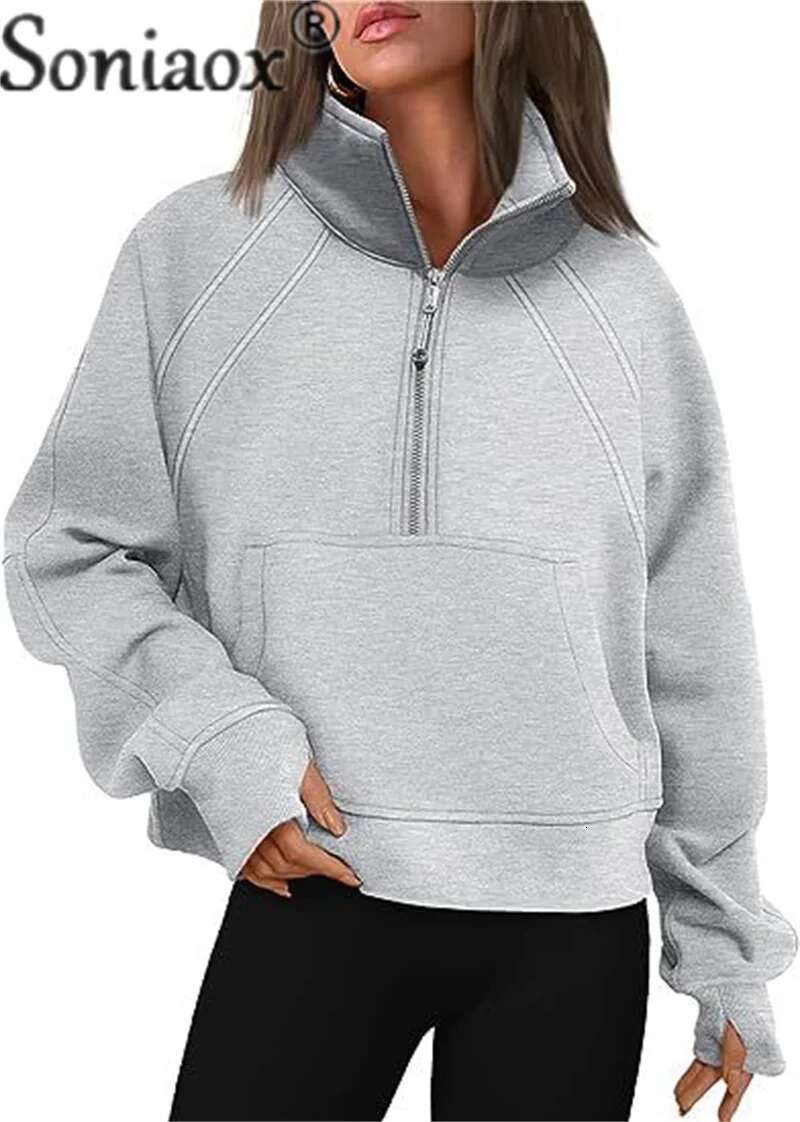 Women's Zipper Half Cardigan Splicing Pouch Thickened Sweatshirt Female Autumn Winter Stand-Up Collar Hoodie Outerwear