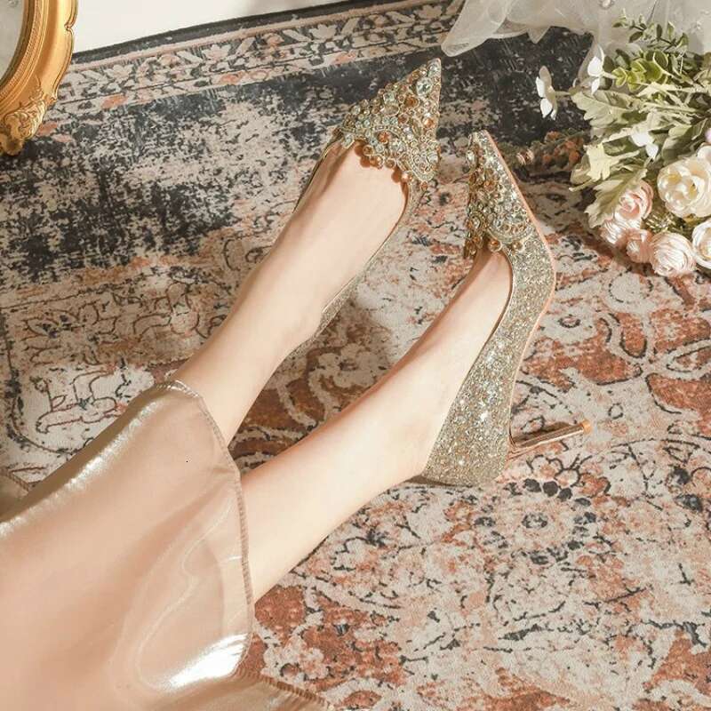Gold Wedding Women's 2024 New Bride Dress Shoes Fashion Sequin Crystal High Heels