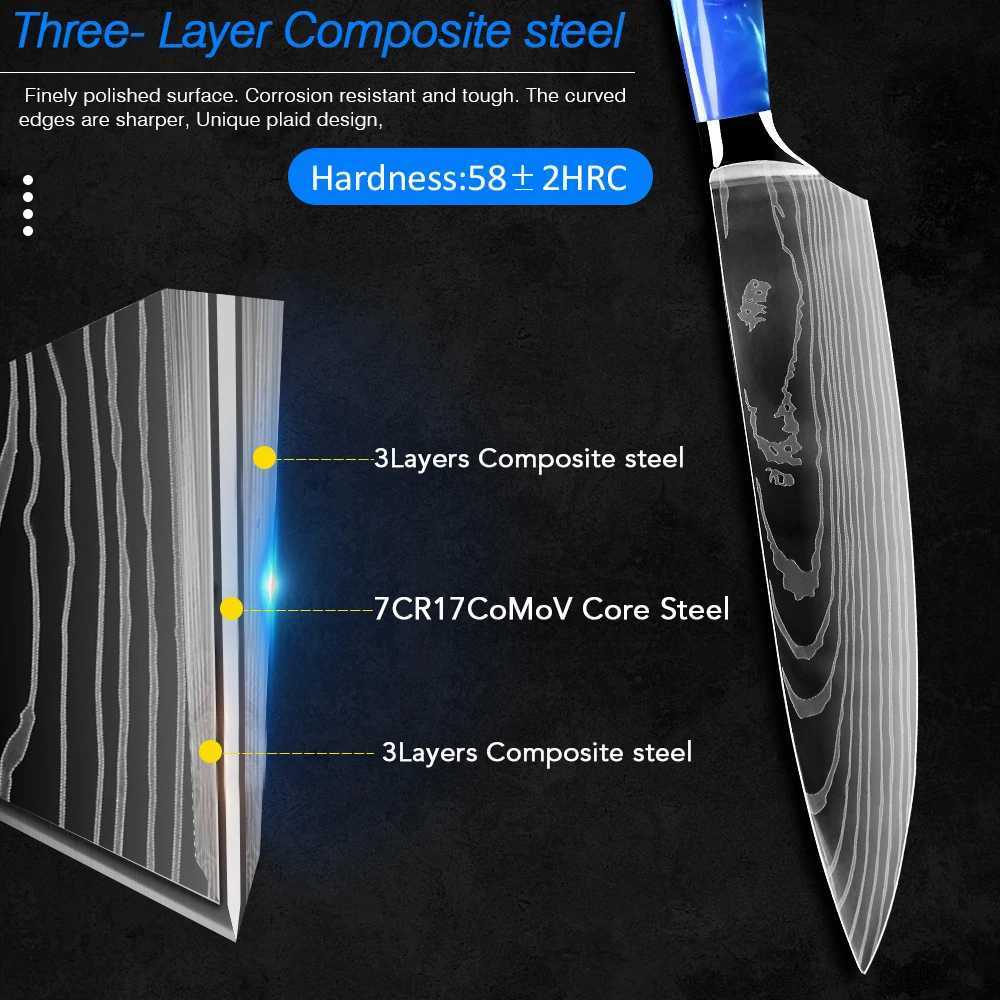 Kitchen Knives Set Chef Japanese Santoku Cleaver Slicer Utility Knife Blue Resin Handle Damascus Pattern 7CR17 440C SteelXJ250117