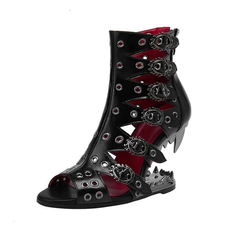 Women's New Spring/Summer Pointed Nightclub Metal Belt Buckle Rivet Wolf Teeth Slope Large High Heel Short Cool Boots
