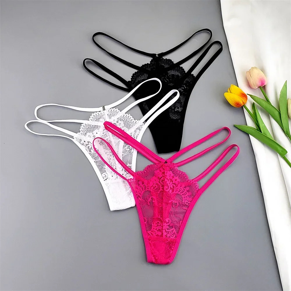 3 Pcs Lace Thin Strap Thong Women Low Waist Sexy Perspective Underwear Ladies Transparent G-string Panty Plus Size T-back 250114