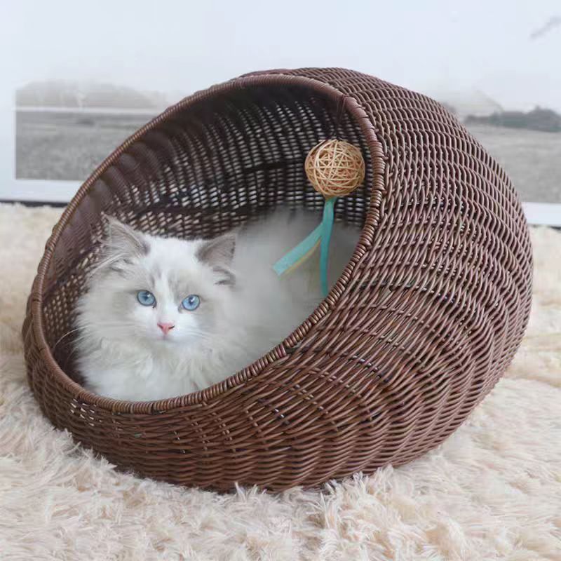 Wicker cat bed dome suitable for medium-sized indoor cats a covered cat hiding hut imitation Fujiya pet dome basket, washable