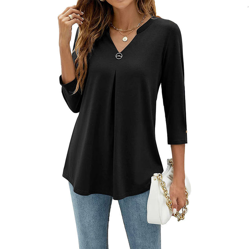 2025 autumn winter popular 3/4 sleeve V-neck nail buckle pleated T-shirt top, women's new style, chic and elegant clothing