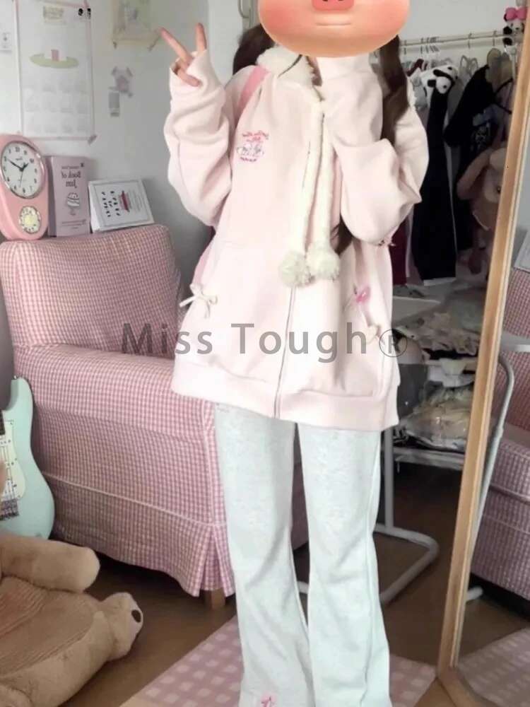 Japanese Kawaii Flare Long Pants Women Sweet High Waist Fashion Pantalon Femme Cute Cat Embroidery Slim Fit Trousers New Bottoms