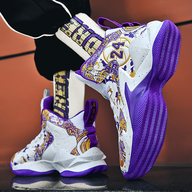 High top basketball shoes male adult leather winter concrete actual combat sports shoes purple white black