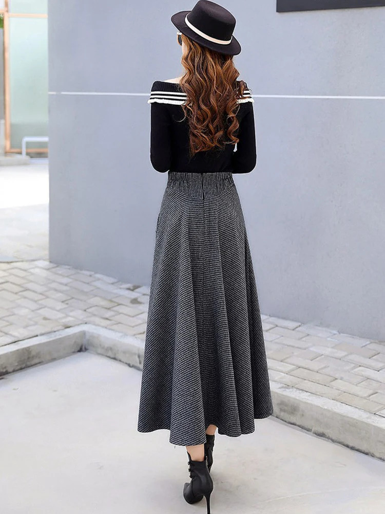 High Waist Vintage Houndstooth Plaid Warm Wool Long Skirt For Women Elegant Casual Big Swing ALine Saias Longas Female 250108