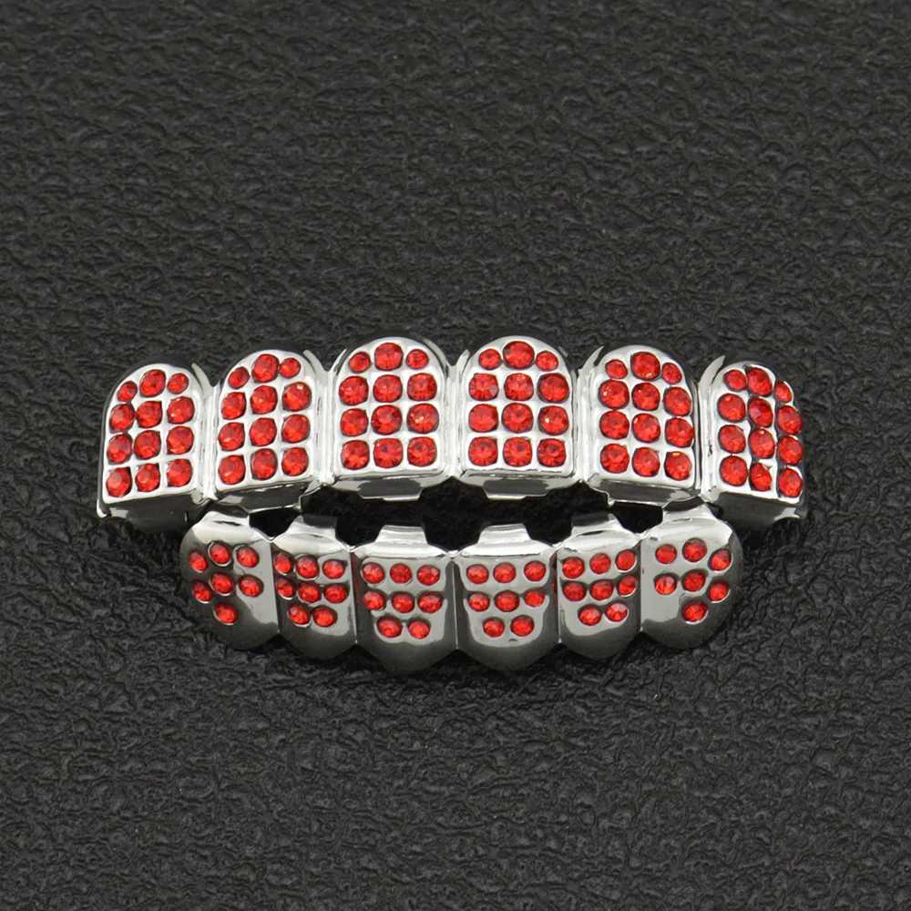 HIP HOP Red Color CZ Stones Teeth Grillz Caps Cubic Zircon Iced Out Micro Pave Top Bottom Charm Grills Set For Men Women JewelryXJ250114