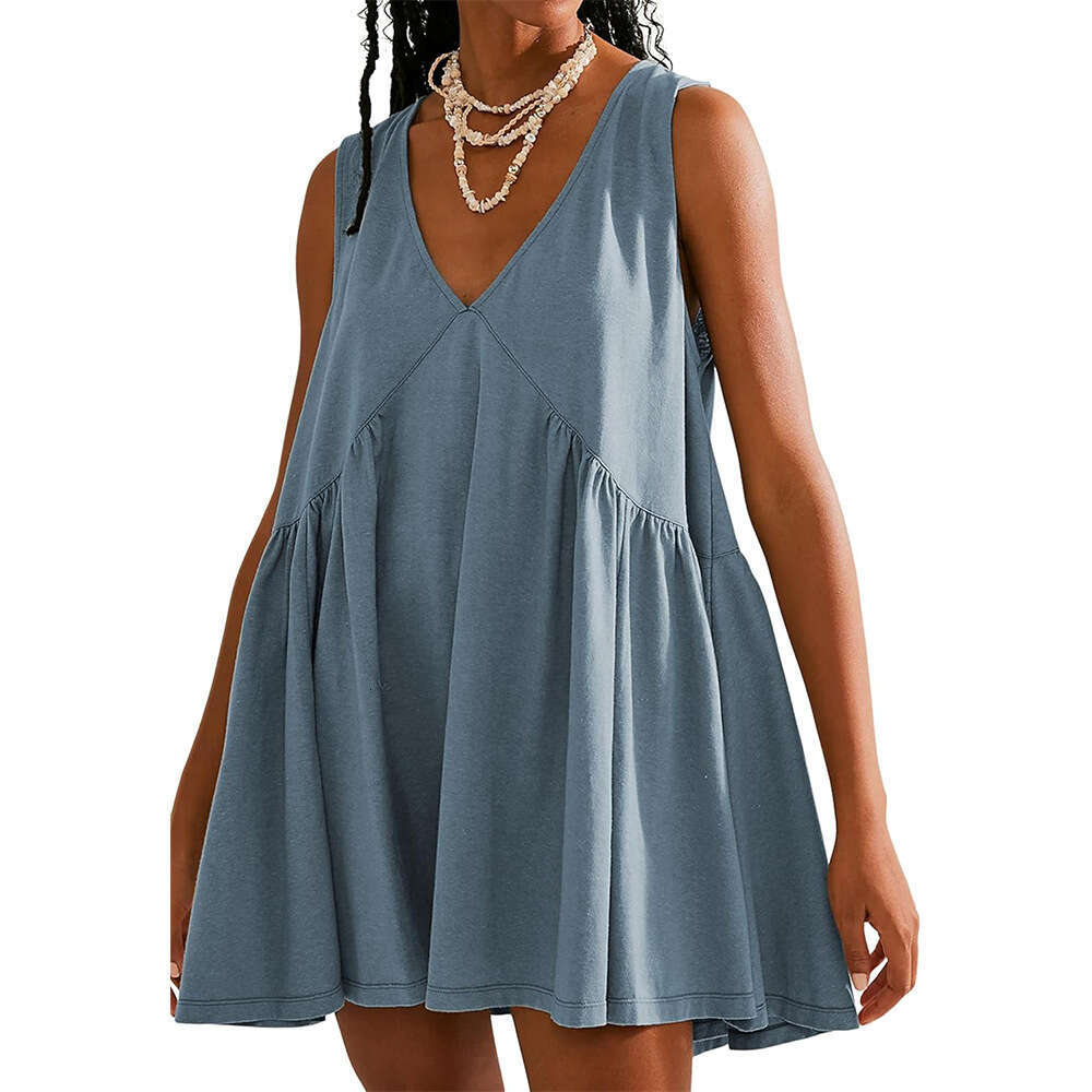 2025 Summer European and American Popular Folding Pocket V-neck Dress Women's New Casual Versatile Fashion Clothing
