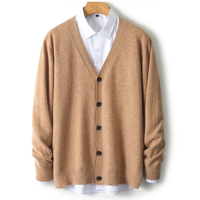 100% Merino Wool Sweater Mens V-Neck Knitted Cardigan Spring Autumn Sweater Casual Loose Large Mens Wear Long sleeves Tops 250113