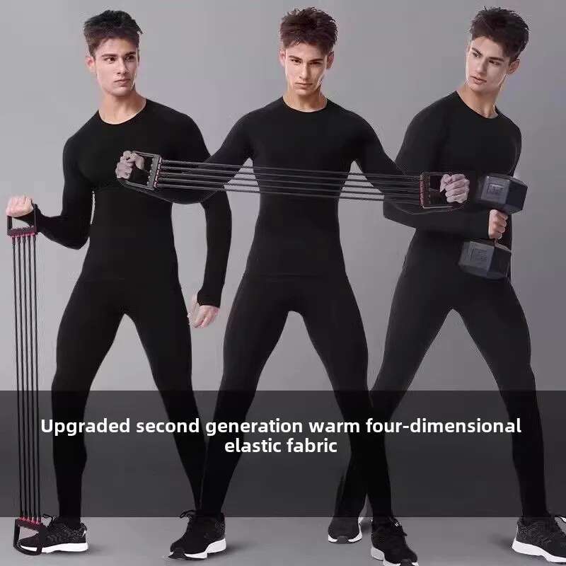 Clothing Winter Warm Undershirts Plush Thermal Underwear Elastic Compression Tights Fiess Men's Track Suit Set