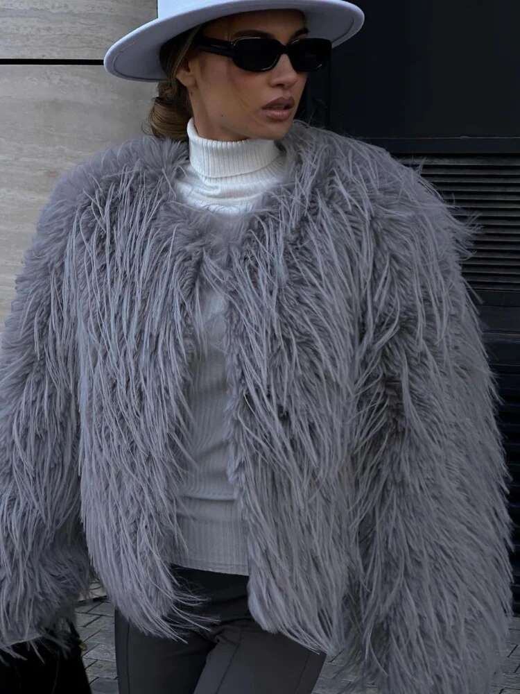Elegant Faux Fur Women Coat Warm Open Long Sleeve O-Neck Thicken Female Short Jacket 2024 Autumn Street Lady Outwears