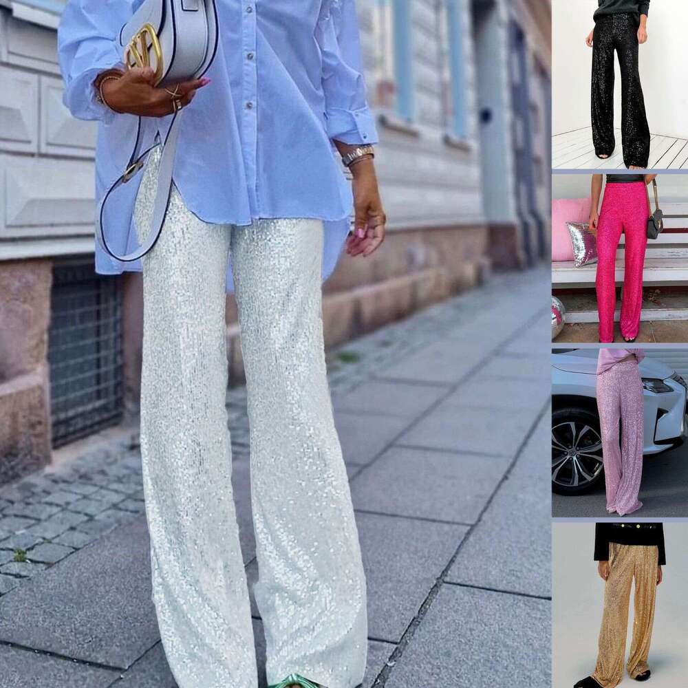 European and American women's hot selg solid color sequins fashionable casual straight leg pants 2025 temperament versatile new trend clothing in