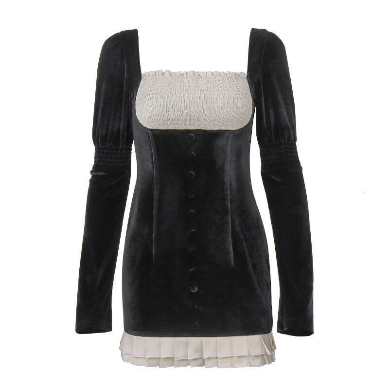 European and American women's 2025 autumn style sexy square neck low cut contrasting color elegant slim fit hip hing skirt temperament versatile 
