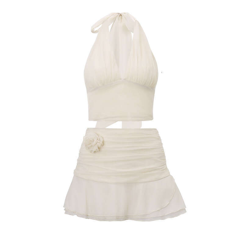 summer sexy spicy girl hollow out ribbon hanging neck top with pure temperament, ruffle edge skirt set, 2025 versatile new trendy clothing ins