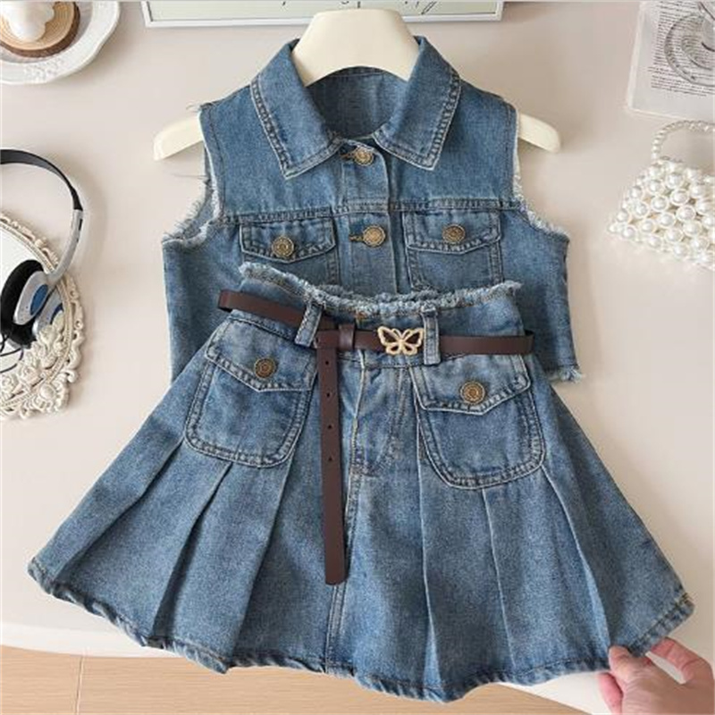 2 Piece Skirt Set Girls Denim Vest and Skirt Set Sleeveless Top and Skirt Outfit for Kids - Lightweight for Daily Use y250607S5AM