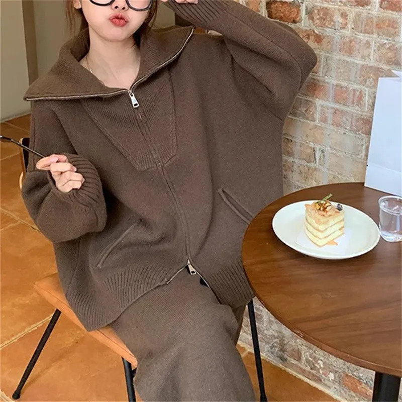 Autumn Winter Fashion Casual Loose Women Two Piece Set Knitted Zipper Long Sleeve Winter Warm Cardigan CoatWide Leg Pants Suit 250113