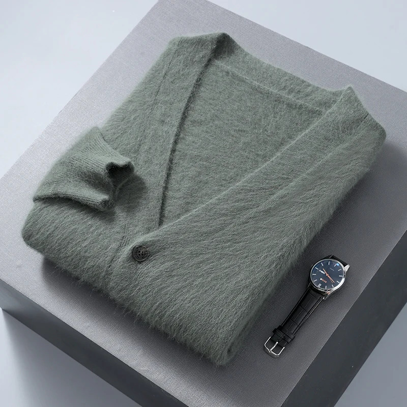 Autumn Winter Cardigan Mens V-Neck Top 100% Mink Cashmere Knitted Sweater Casual Loose Large Long Sleeved shirt Jacket 250113