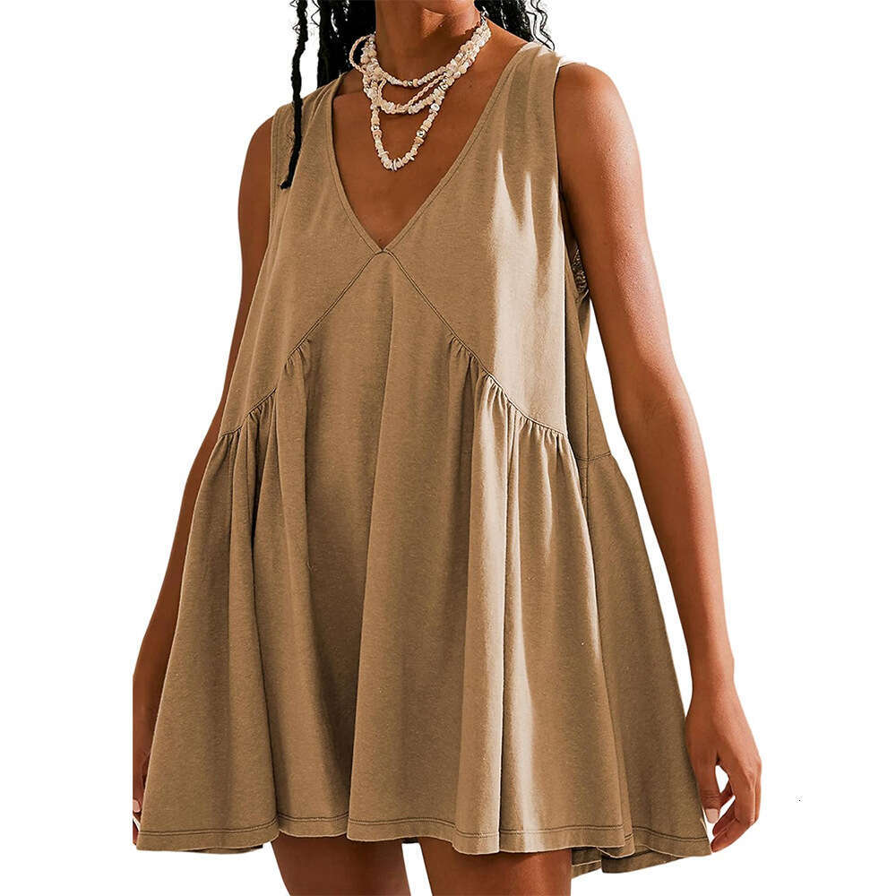 2025 Summer European and American Popular Folding Pocket V-neck Dress Women's New Casual Versatile Fashion Clothing