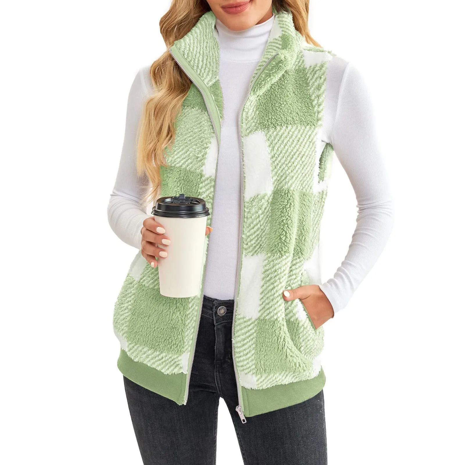 Fleece Thicken Warm Vest Jacket Women Casual Fashion Zipper Solid Loose Sleeveless Vest Jacket Plaid Stand Up Collar Jacket 250113