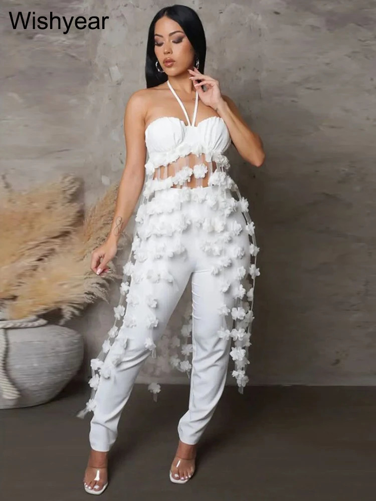 In Pencil Pants and Flower Tassel Halter Crop Top Two Pieces Women Birthday Outfits White Sexy Party Nightclub Matching Sets 250113