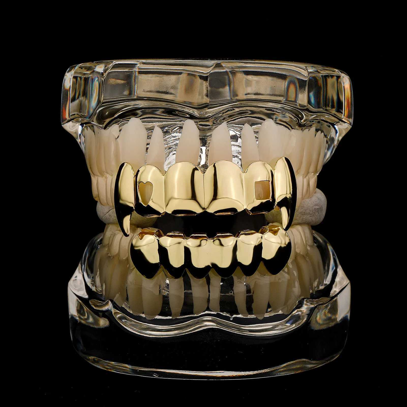 YOUNGX Hollow Square Heart Tooth Grillz Fangs For Women Men Dental Grills Hip Hop Top Bottom Glossy Teeth Caps Braces JewelryXJ250114