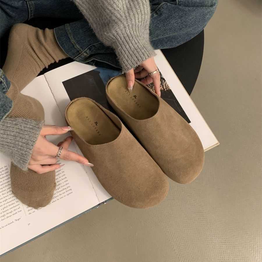 sandals slides slippers clogs Boken spring and autumn new item frosted thick sole versatile half drag one foot on cork lazy womens shoes