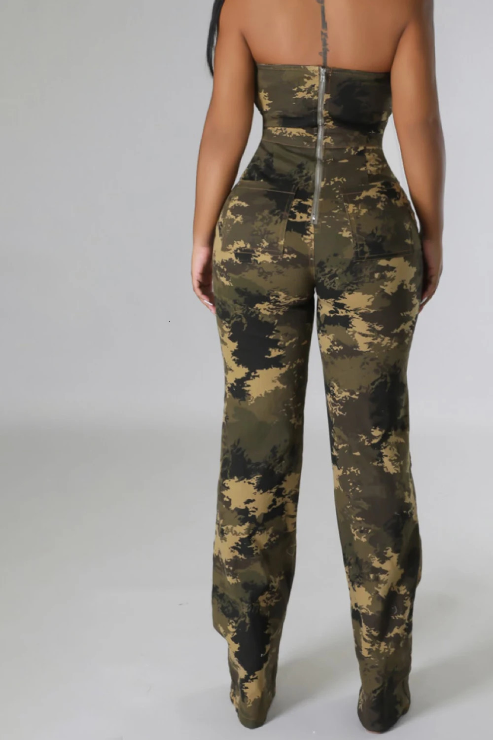 Women Plus Size Camouflage Jumpsuit Casual Army Green Denim Camo Strapless Sleeveless High Waist Ripped Jumpsuit Rompers 250117